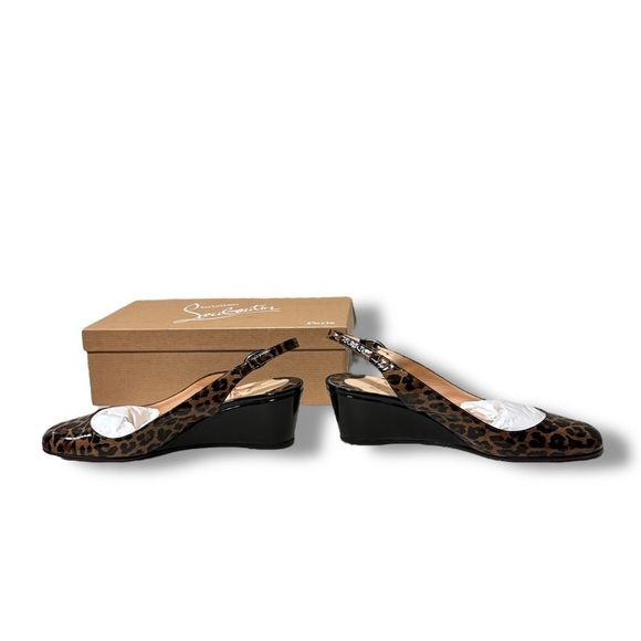 Authenticated Christian Louboutin Patent Cynthia Leopard Sling Back Wedge Heels - Picture 9 of 15